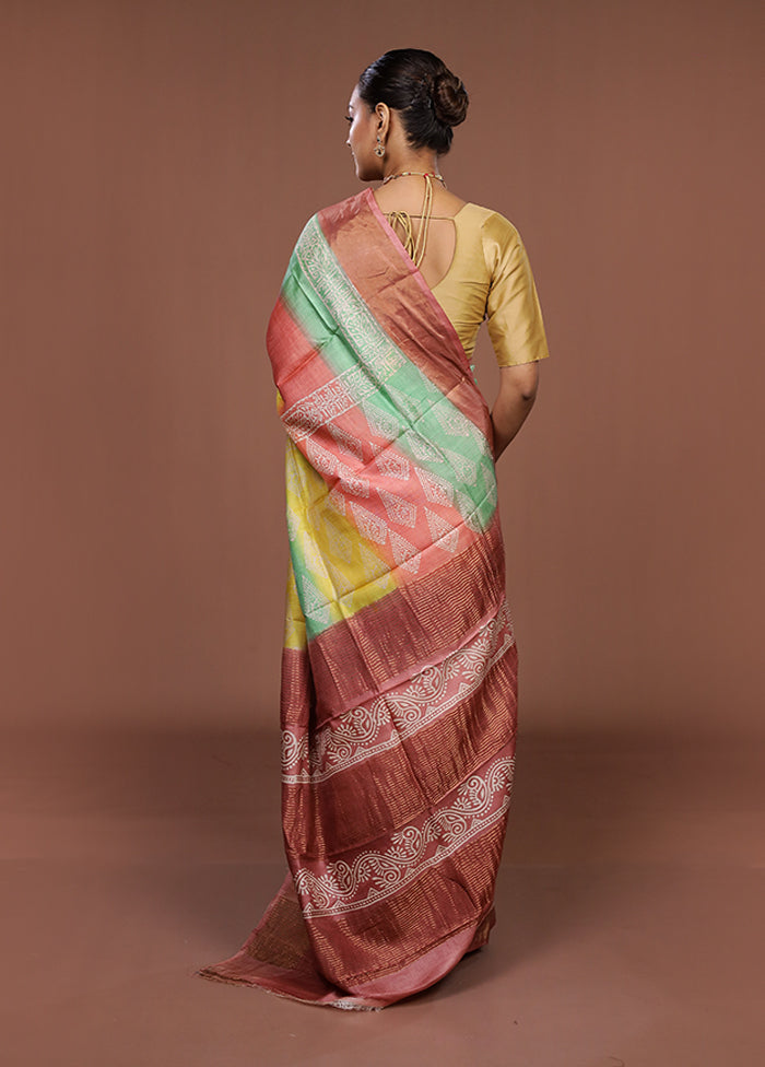 Pink Handloom Tussar Pure Silk Saree With Blouse Piece