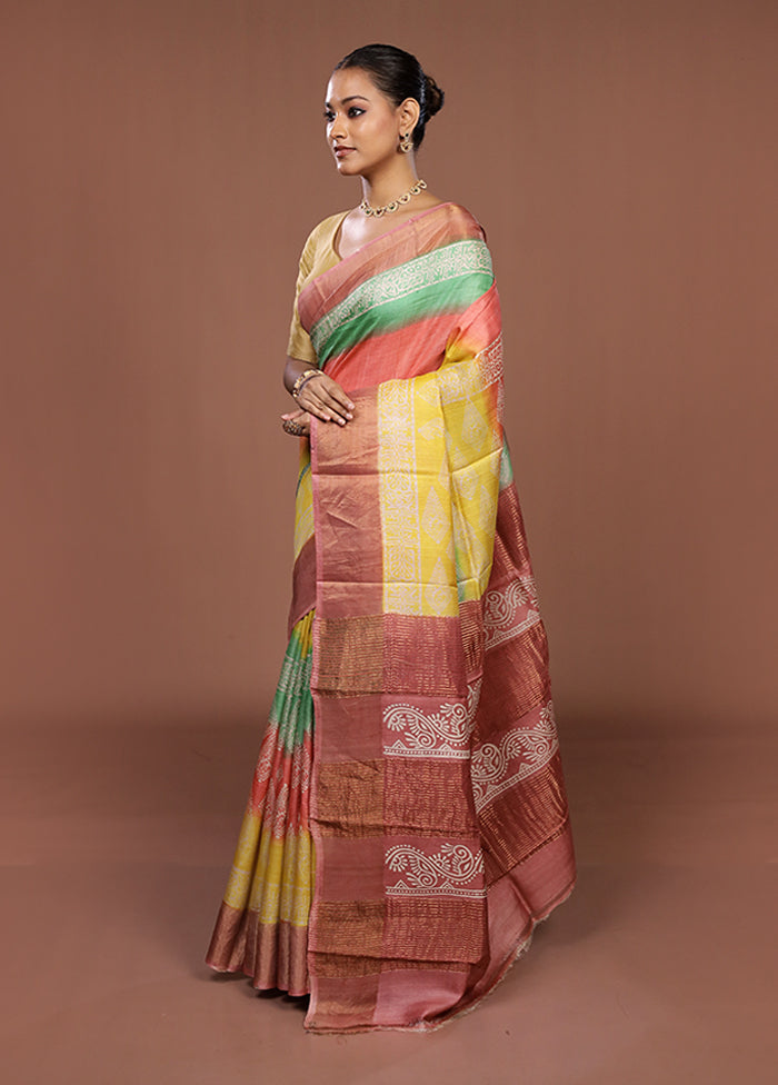 Pink Handloom Tussar Pure Silk Saree With Blouse Piece