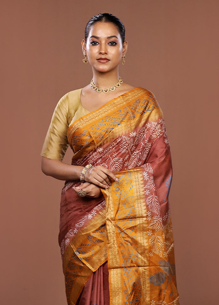 Brown Printed Pure Silk Saree Without Blouse Piece