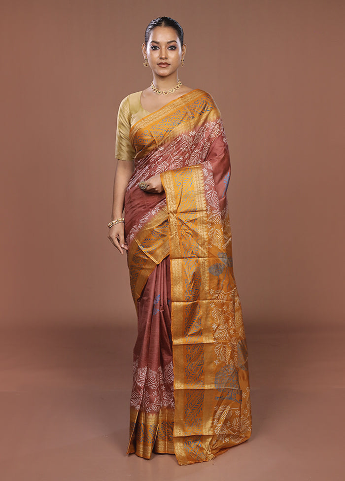 Brown Printed Pure Silk Saree Without Blouse Piece