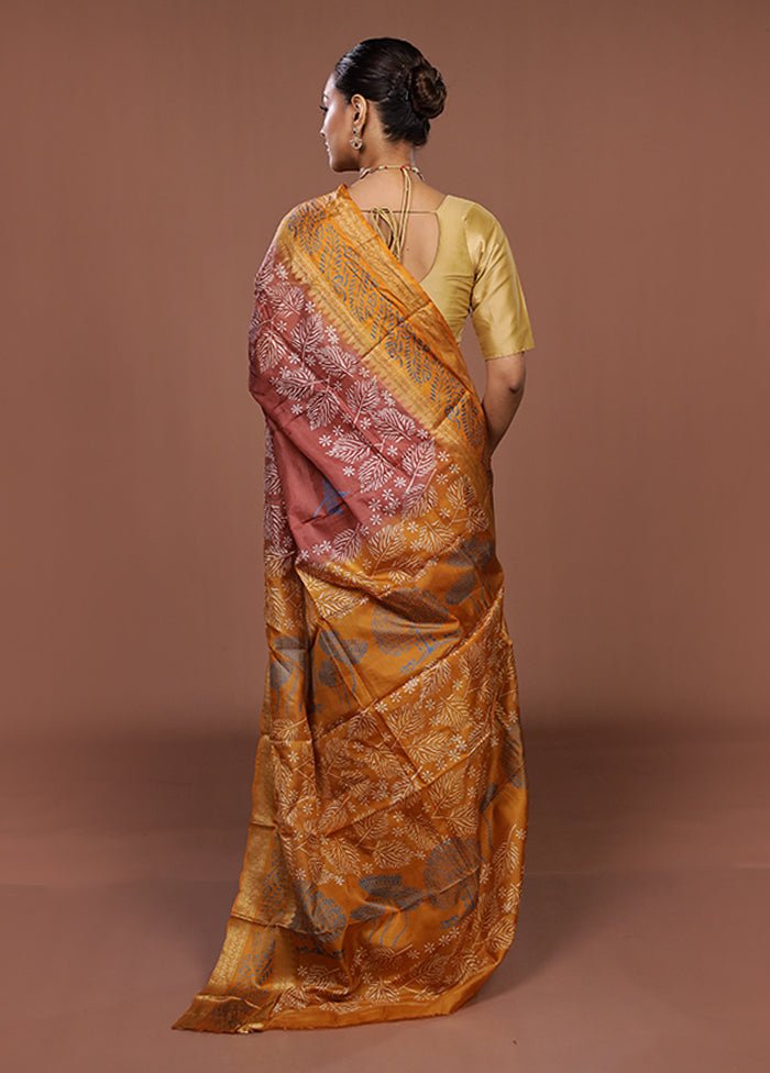 Brown Printed Pure Silk Saree Without Blouse Piece