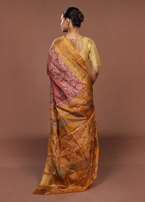 Brown Printed Pure Silk Saree Without Blouse Piece