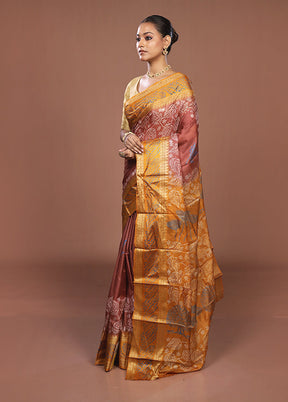 Brown Printed Pure Silk Saree Without Blouse Piece