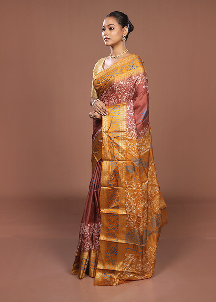 Brown Printed Pure Silk Saree Without Blouse Piece