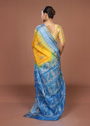 Yellow Printed Pure Silk Saree Without Blouse Piece