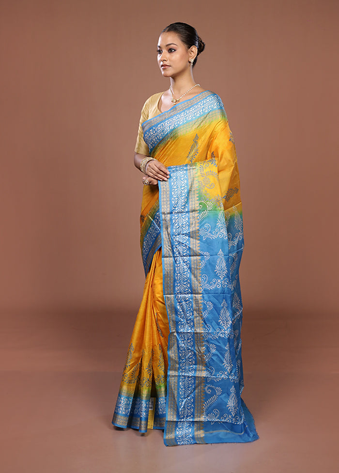 Yellow Printed Pure Silk Saree Without Blouse Piece