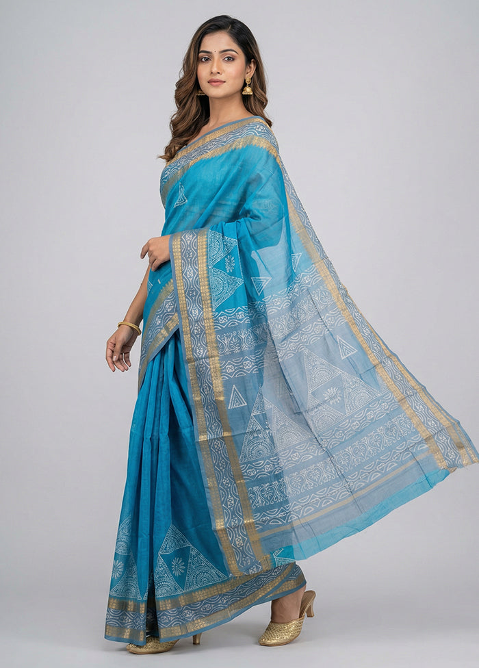 Blue Printed Silk Saree Without Blouse Piece