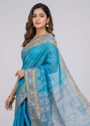 Blue Printed Silk Saree Without Blouse Piece