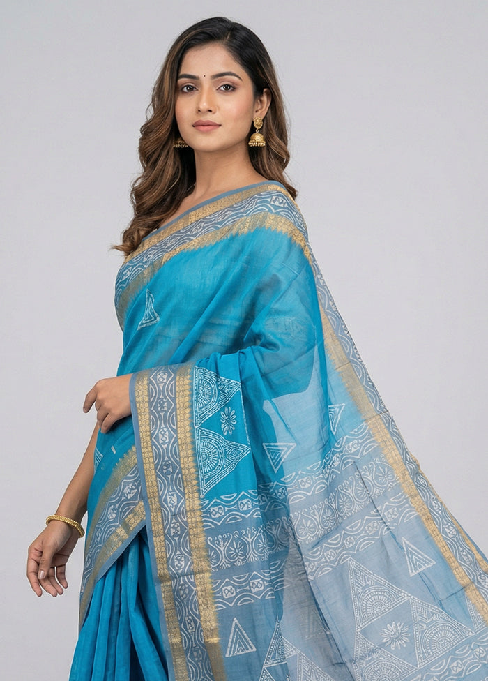 Blue Printed Silk Saree Without Blouse Piece
