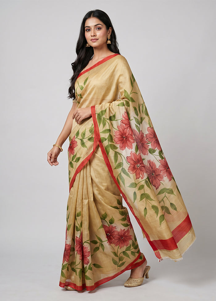 Cream Printed Silk Saree Without Blouse Piece