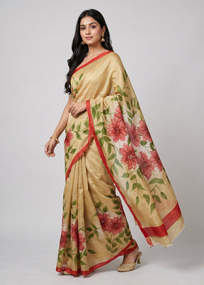 Cream Printed Silk Saree Without Blouse Piece