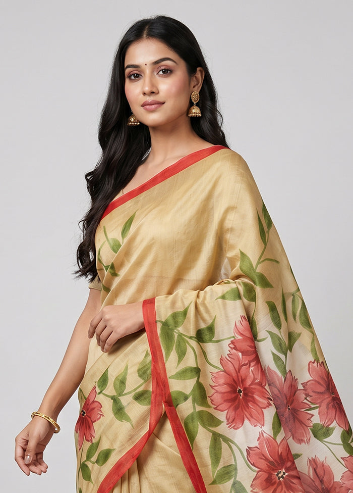 Cream Printed Silk Saree Without Blouse Piece