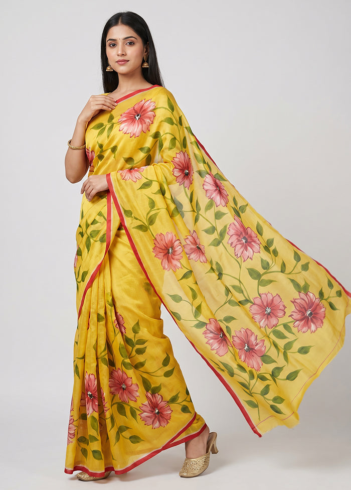 Yellow Printed Silk Saree Without Blouse Piece