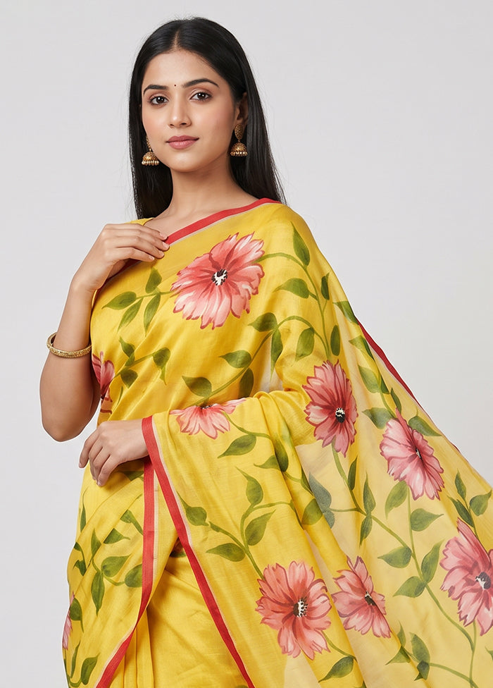 Yellow Printed Silk Saree Without Blouse Piece