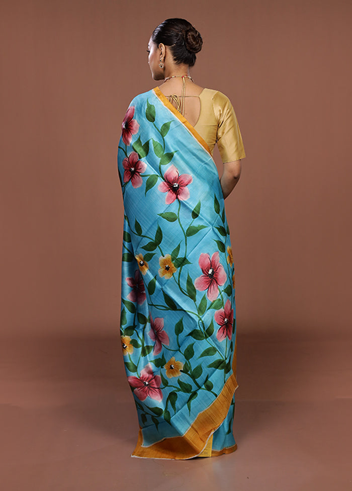 Blue Printed Pure Silk Saree Without Blouse Piece