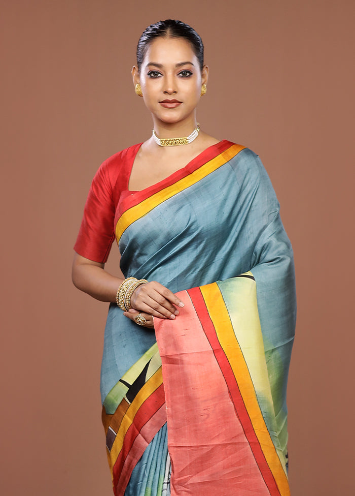 Blue Printed Pure Silk Saree Without Blouse Piece