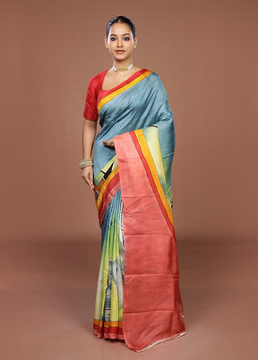Blue Printed Pure Silk Saree Without Blouse Piece