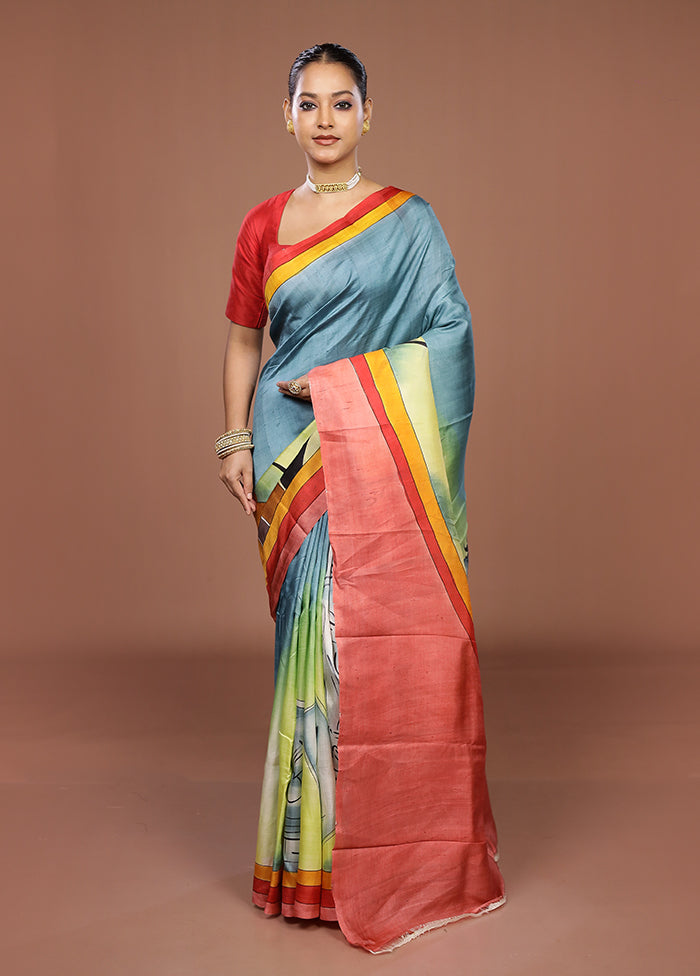 Blue Printed Pure Silk Saree Without Blouse Piece