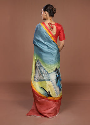 Blue Printed Pure Silk Saree Without Blouse Piece