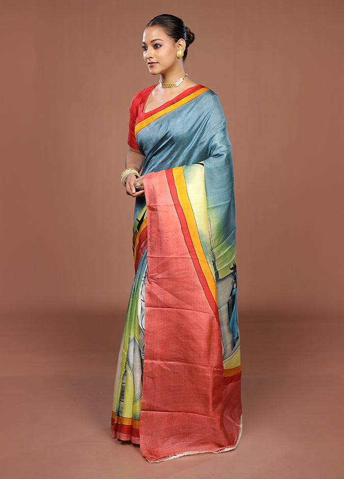Blue Printed Pure Silk Saree Without Blouse Piece