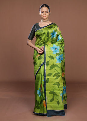 Blue Printed Pure Silk Saree Without Blouse Piece