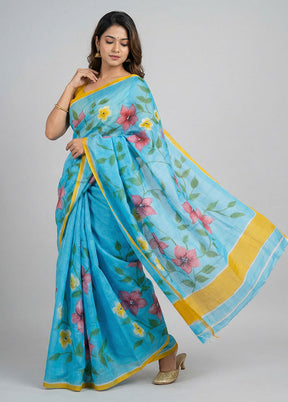 Blue Printed Silk Saree Without Blouse Piece