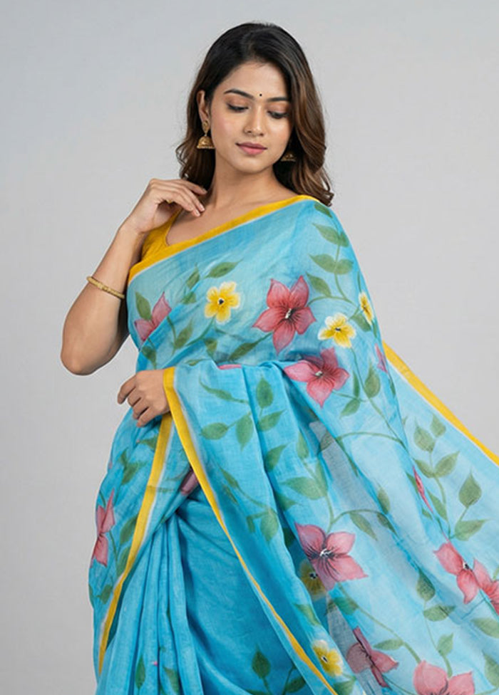 Blue Printed Silk Saree Without Blouse Piece