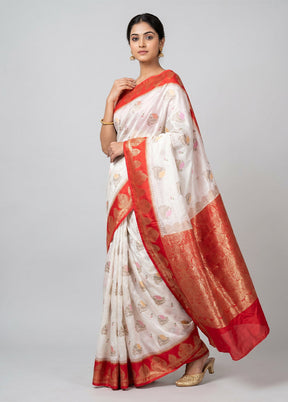 White Dupion Silk Saree With Blouse Piece