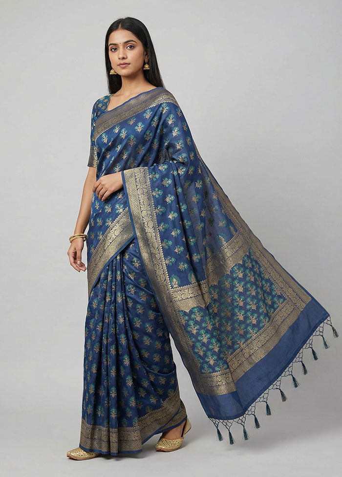 Blue Kora Silk Saree With Blouse Piece