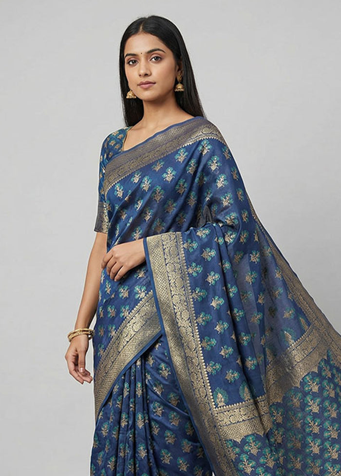 Blue Kora Silk Saree With Blouse Piece