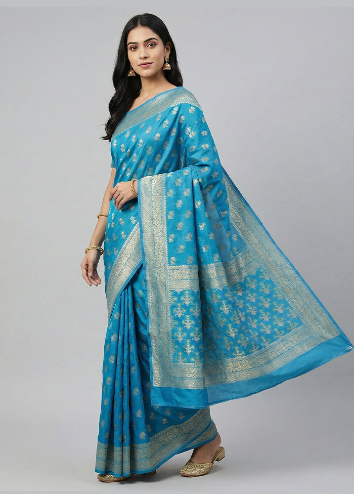 Blue Kora Silk Saree With Blouse Piece