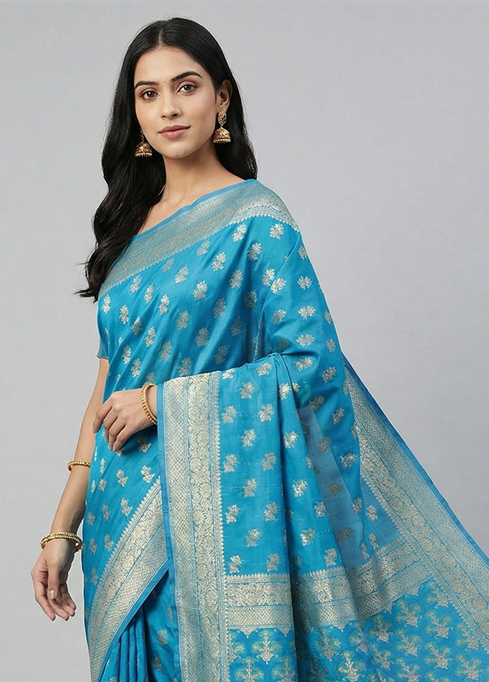 Blue Kora Silk Saree With Blouse Piece