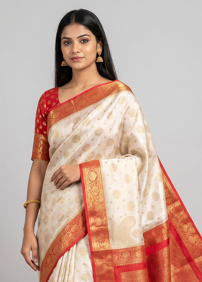 White Dupion Silk Saree With Blouse Piece