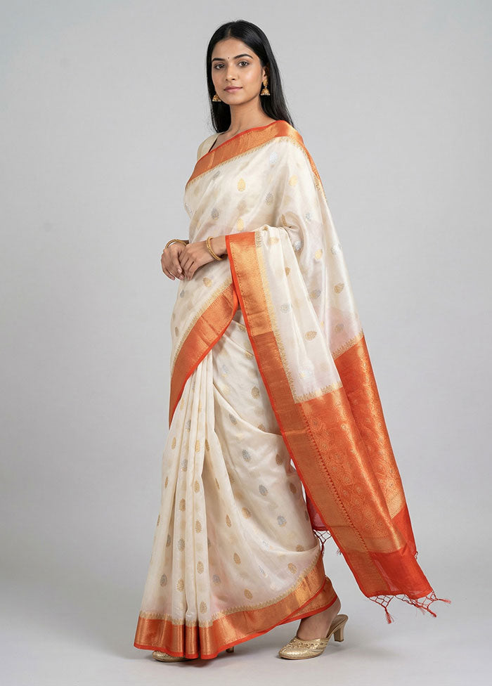 White Dupion Silk Saree With Blouse Piece