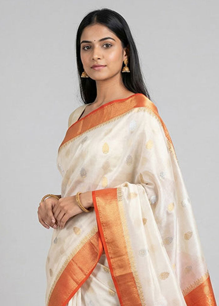 White Dupion Silk Saree With Blouse Piece