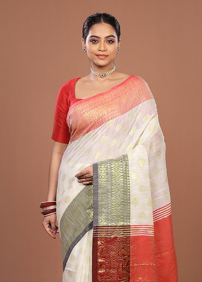 Cream Matka Silk Saree With Blouse Piece