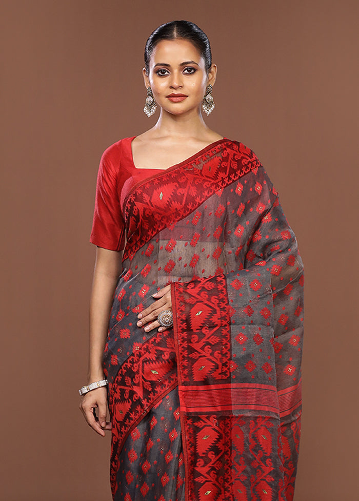 Grey Jamdani Cotton Saree Without Blouse Piece