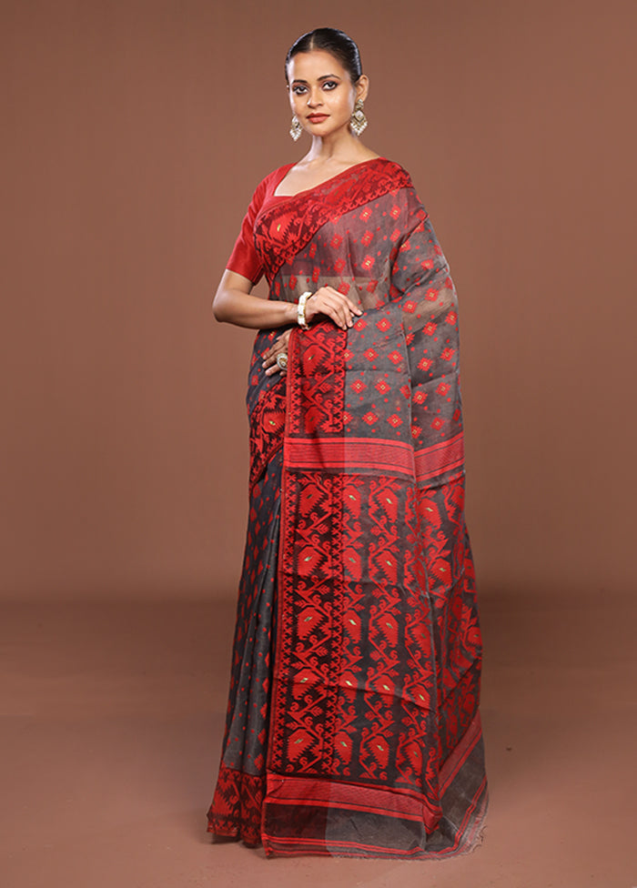 Grey Jamdani Cotton Saree Without Blouse Piece