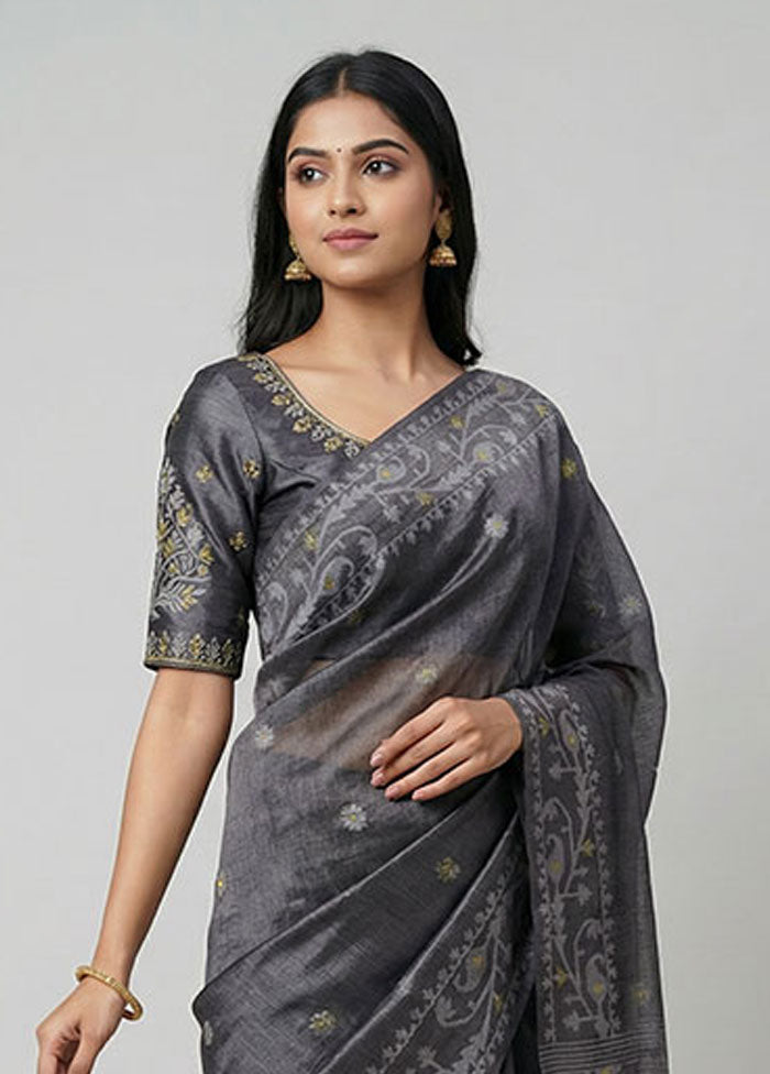 Green Handloom Tussar Pure Silk Saree With Blouse Piece