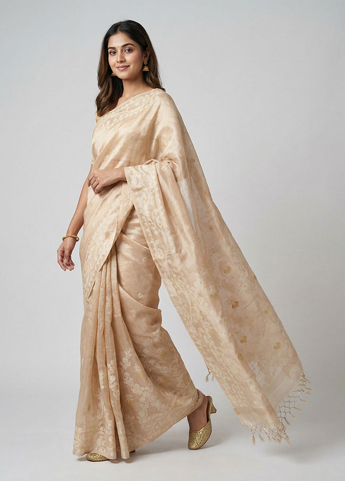Cream Handloom Tussar Pure Silk Saree With Blouse Piece