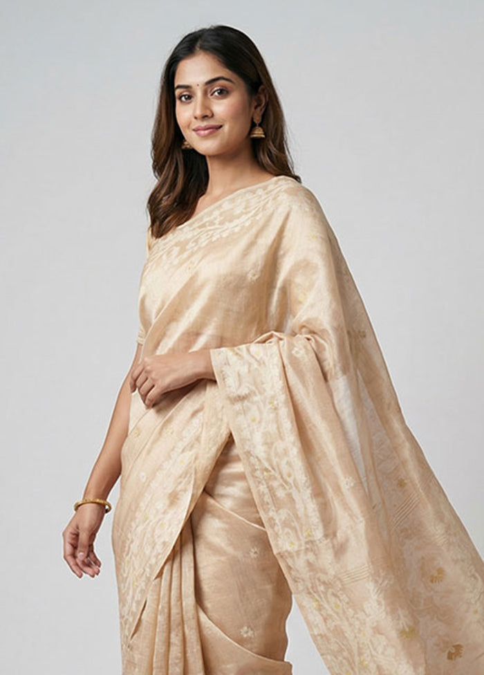 Cream Handloom Tussar Pure Silk Saree With Blouse Piece