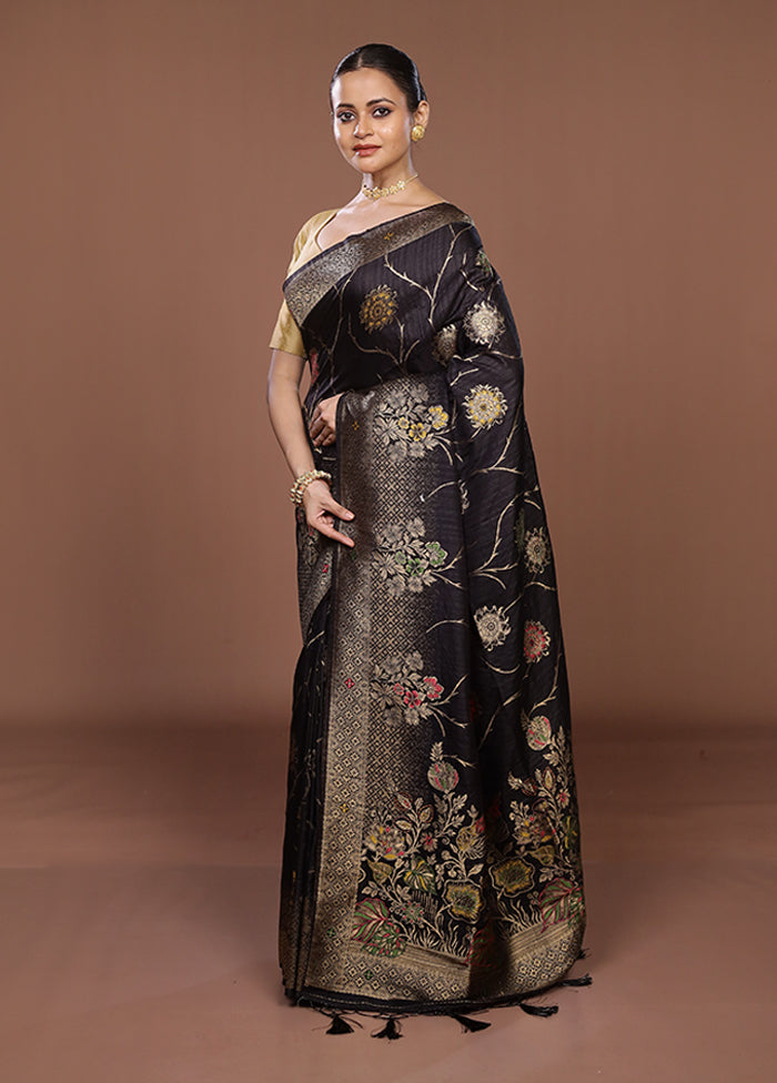 Black Dupion Silk Saree With Blouse Piece