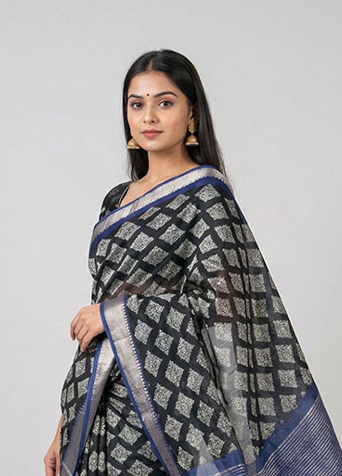 Black Chanderi Silk Saree With Blouse Piece