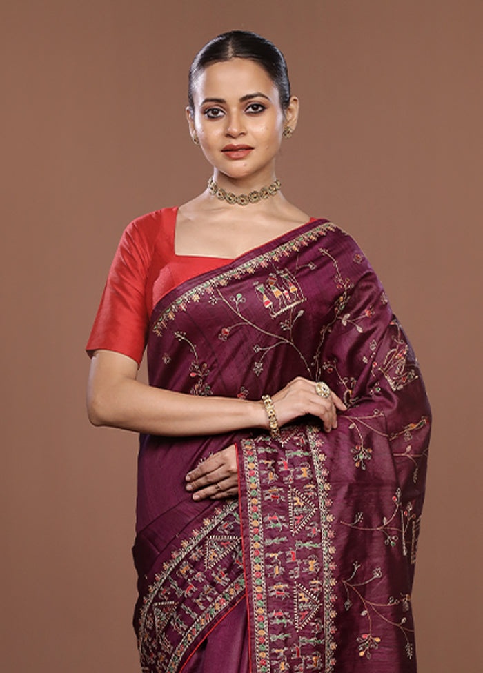 Purple Tussar Silk Saree With Blouse Piece