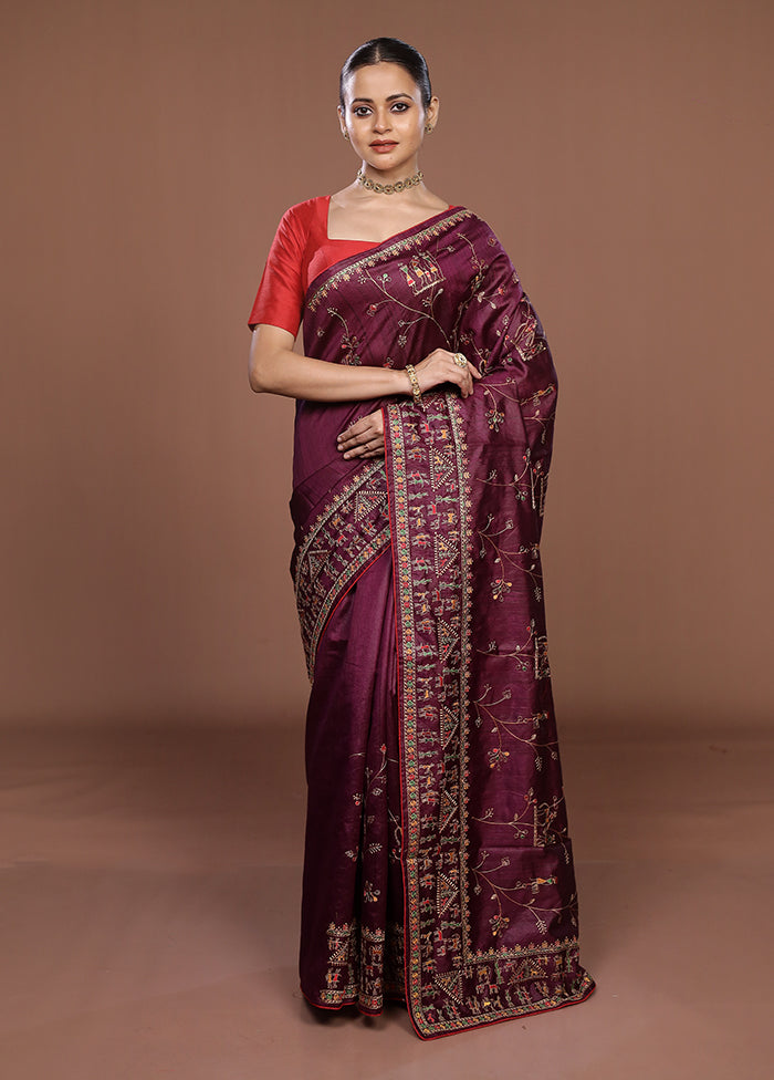 Purple Tussar Silk Saree With Blouse Piece