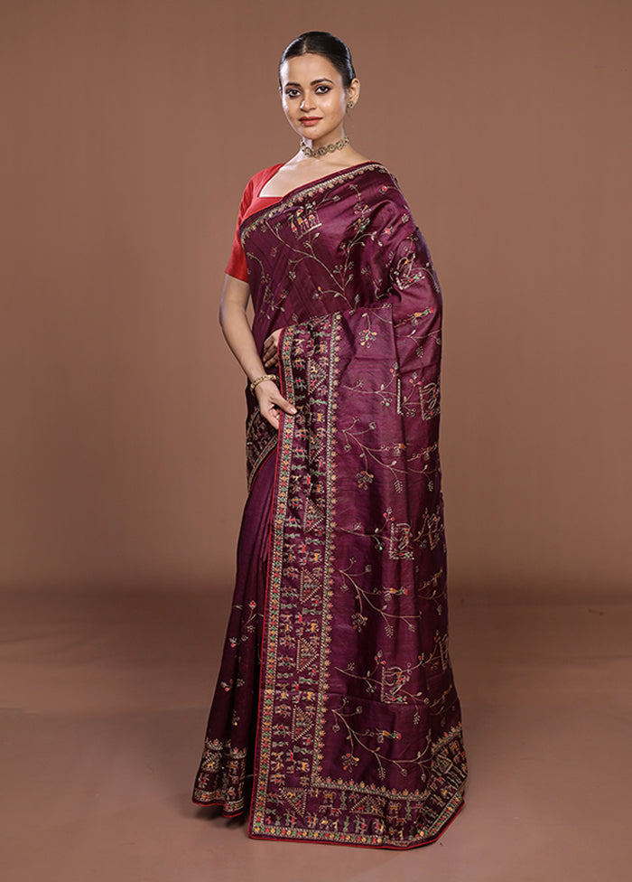 Purple Tussar Silk Saree With Blouse Piece