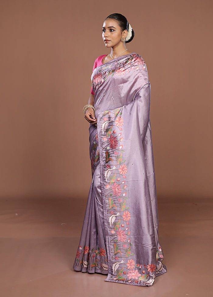 Purple Dupion Silk Saree With Blouse Piece