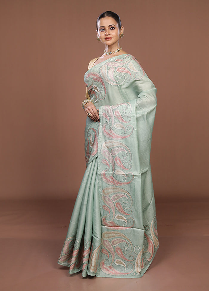 Green Dupion Silk Saree With Blouse Piece
