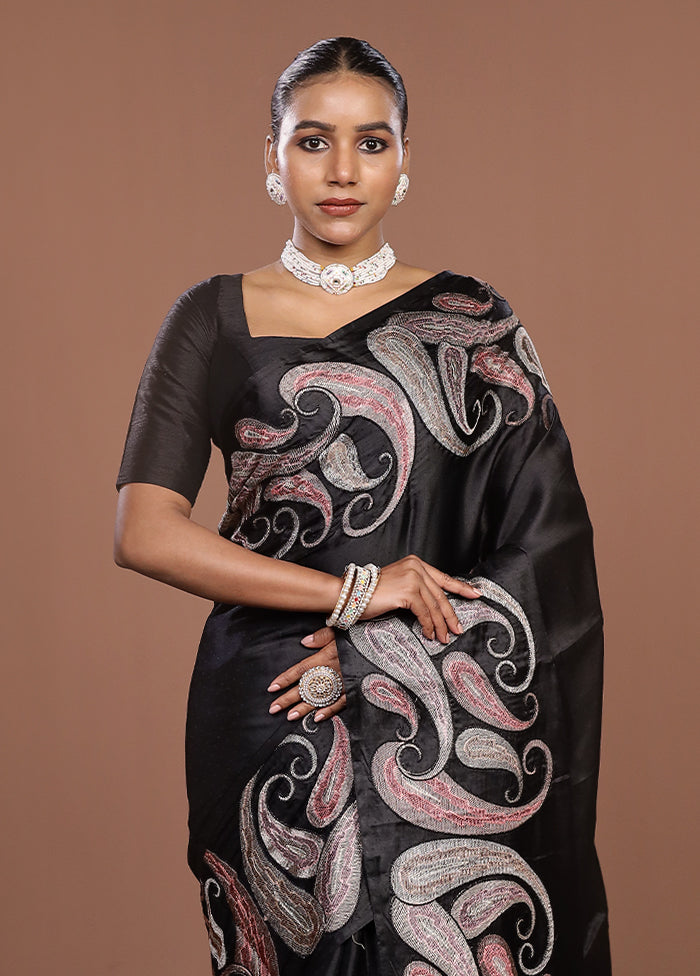 Black Dupion Silk Saree With Blouse Piece