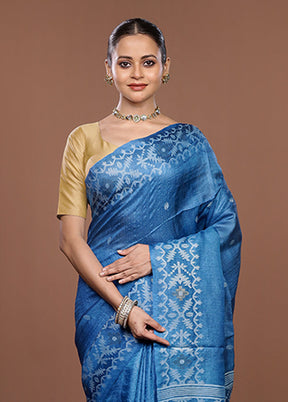 Blue Handloom Tussar Pure Silk Saree With Blouse Piece